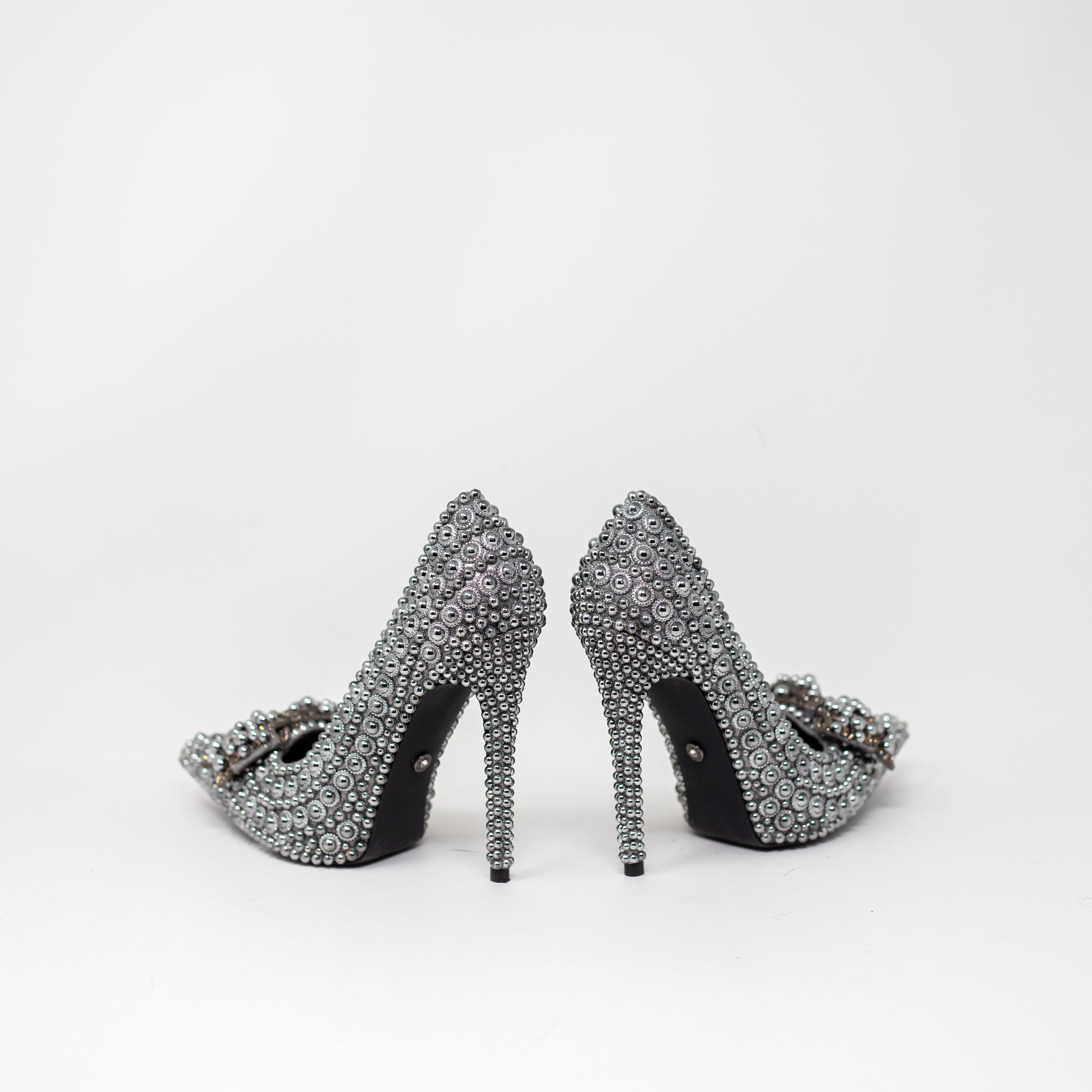 NEW Azalea Wang Naamah Hematite Silver Beaded Embellished High Heels Shoes 7