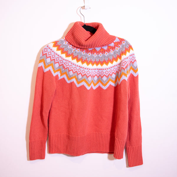 Tuckernuck Fair Isle Aurora Wool Cashmere Knit Stretch Roll Neck Sweater Coral