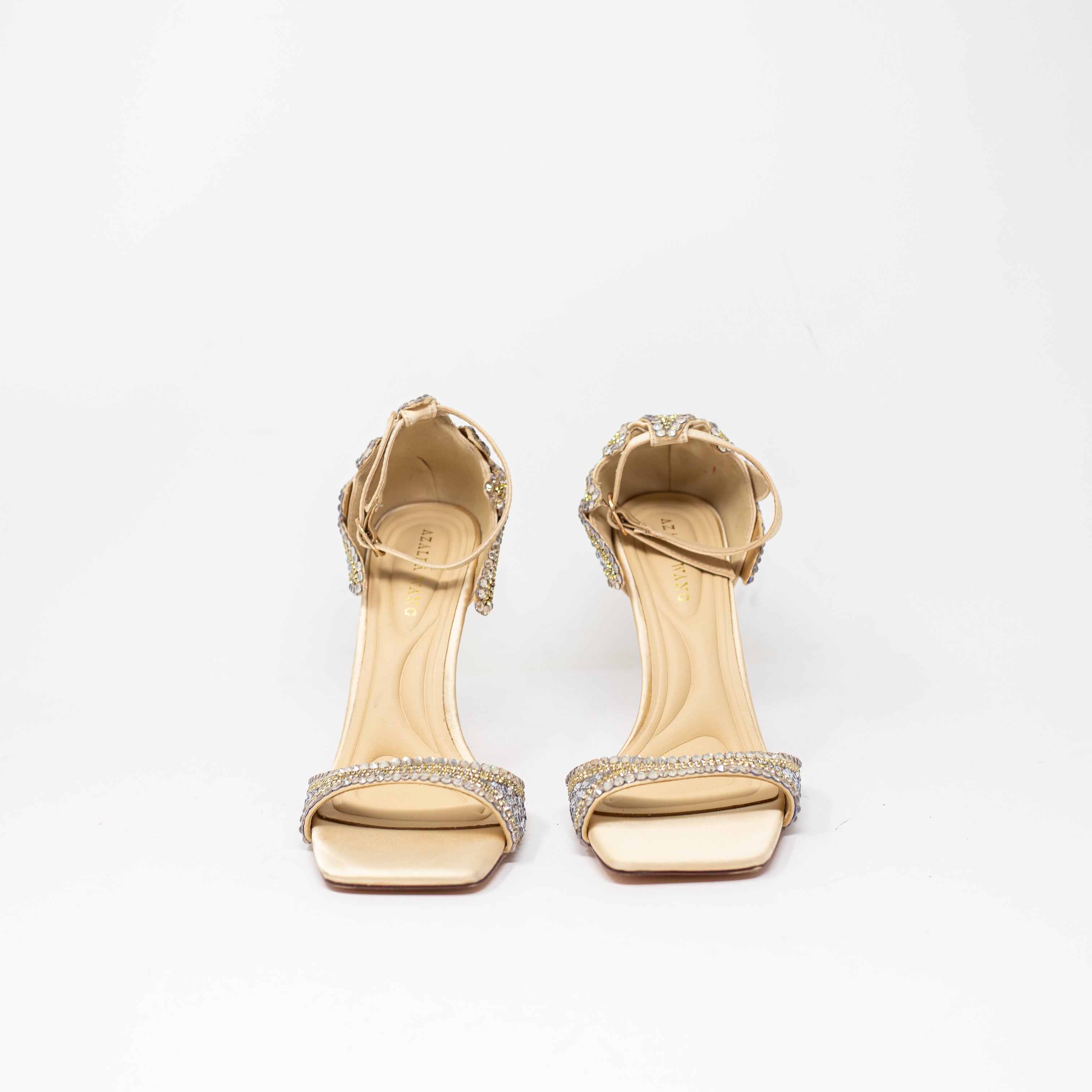 NEW Azalea Wang Rusyn Ankle Strap Crystal Rhinestone Jewel High Heels Gold 7
