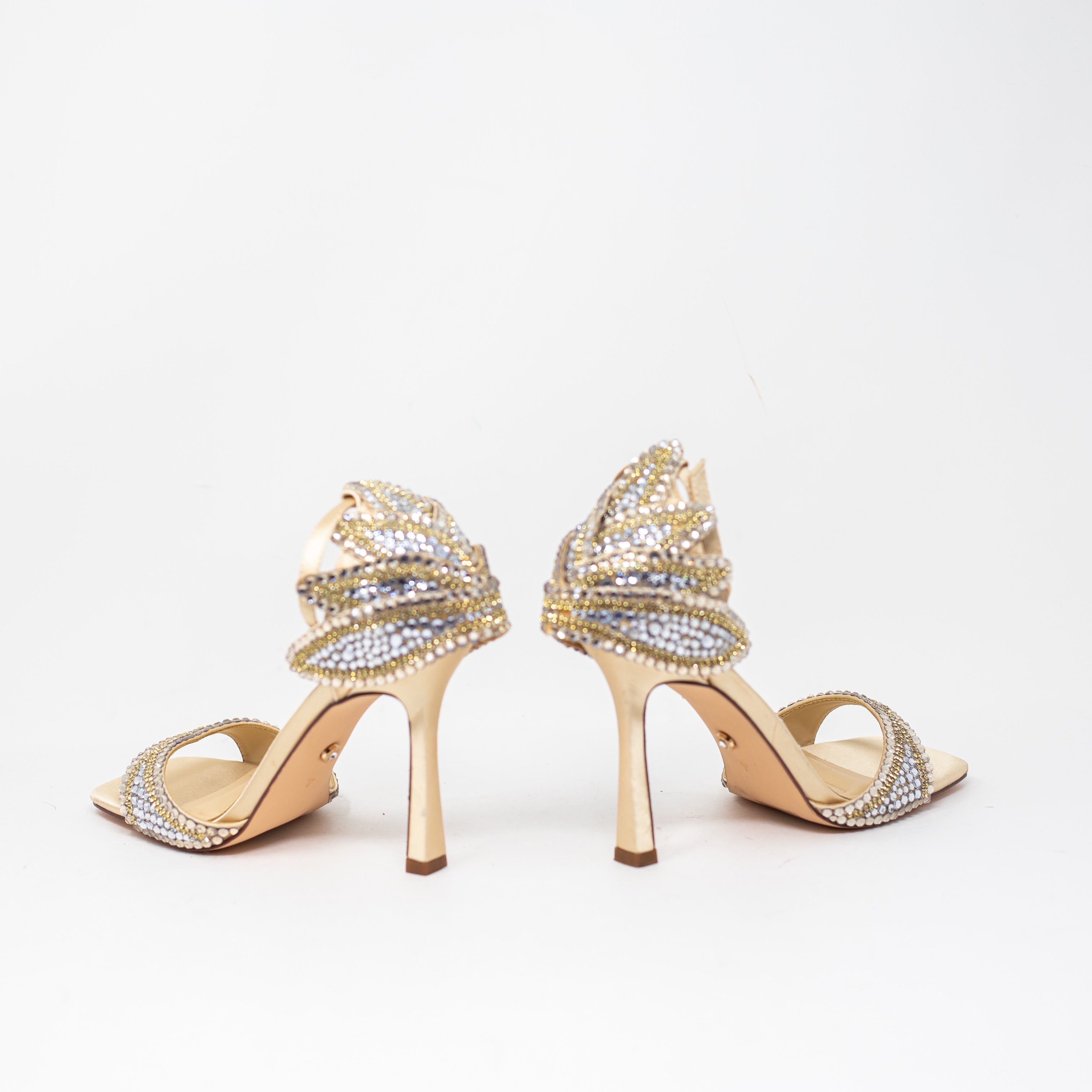 NEW Azalea Wang Rusyn Ankle Strap Crystal Rhinestone Jewel High Heels Gold 7