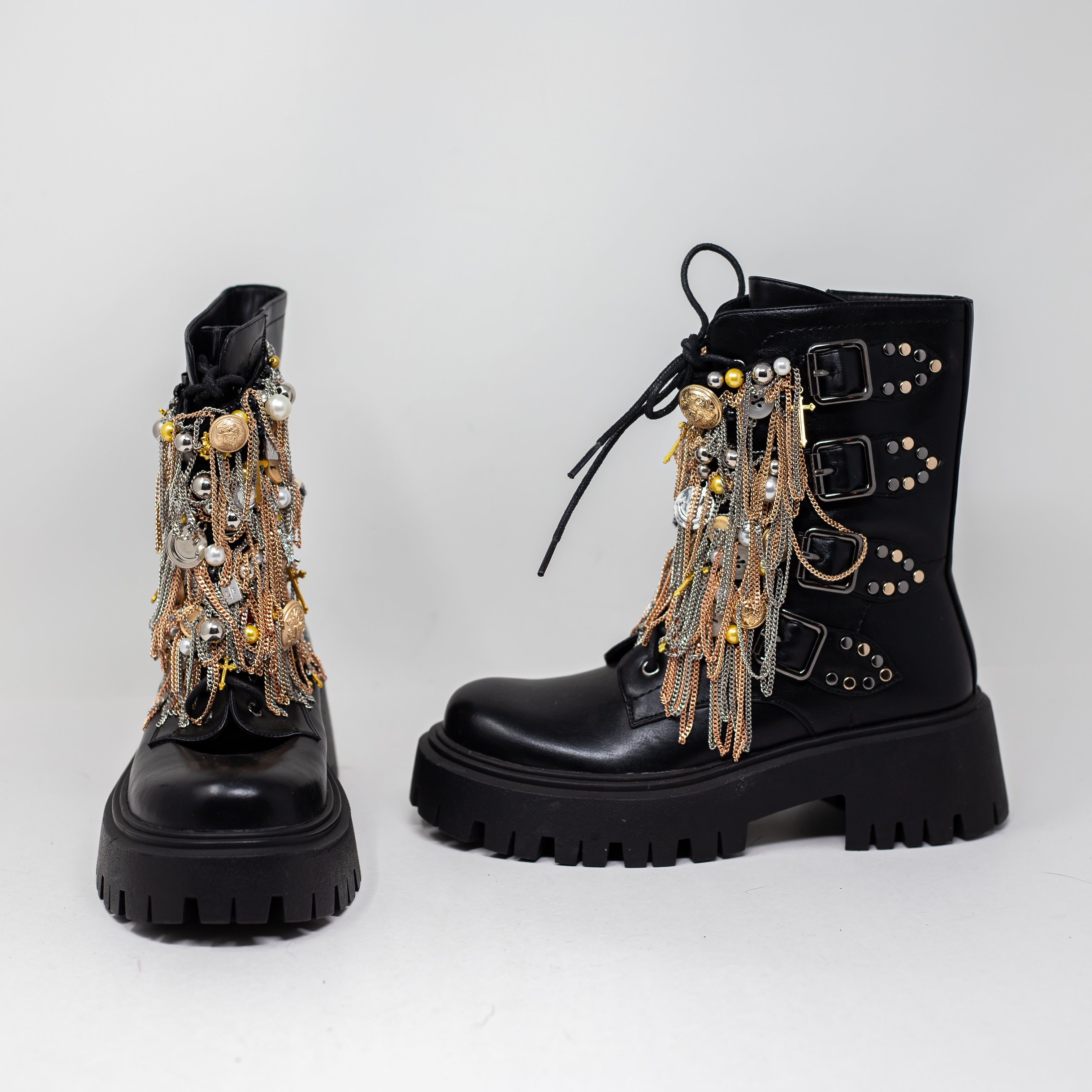 NEW Azalea Wang Megumi Black Metal Hardware Embellished Combat Booties Shoes 7