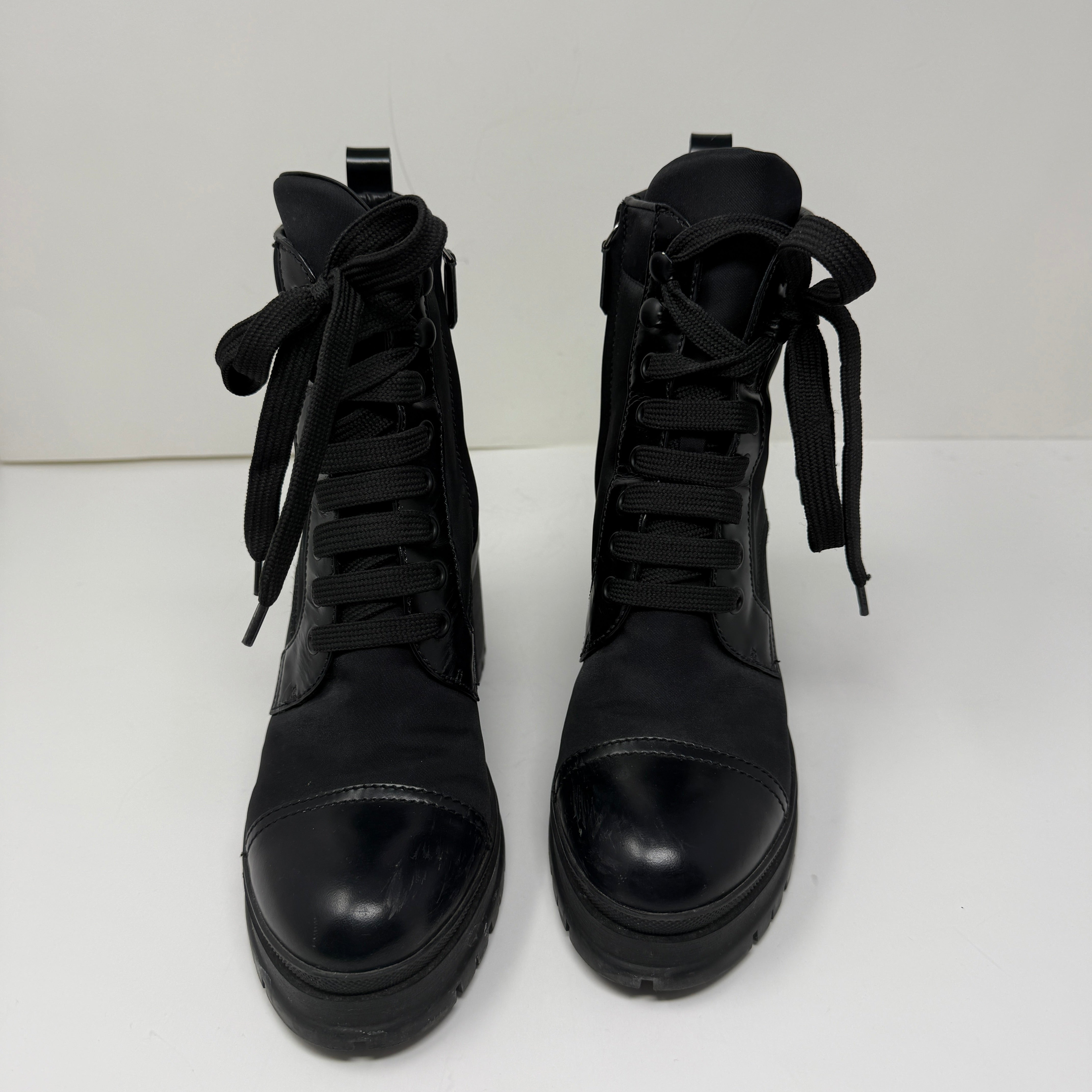 Prada Women's Re-Nylon And Leather Block Heel Ankle Combat Booties Boots Shoes