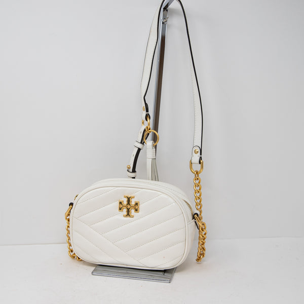 Tory Burch Kira Chevron Genuine Leather Camera Bag Crossbody Purse White Gold