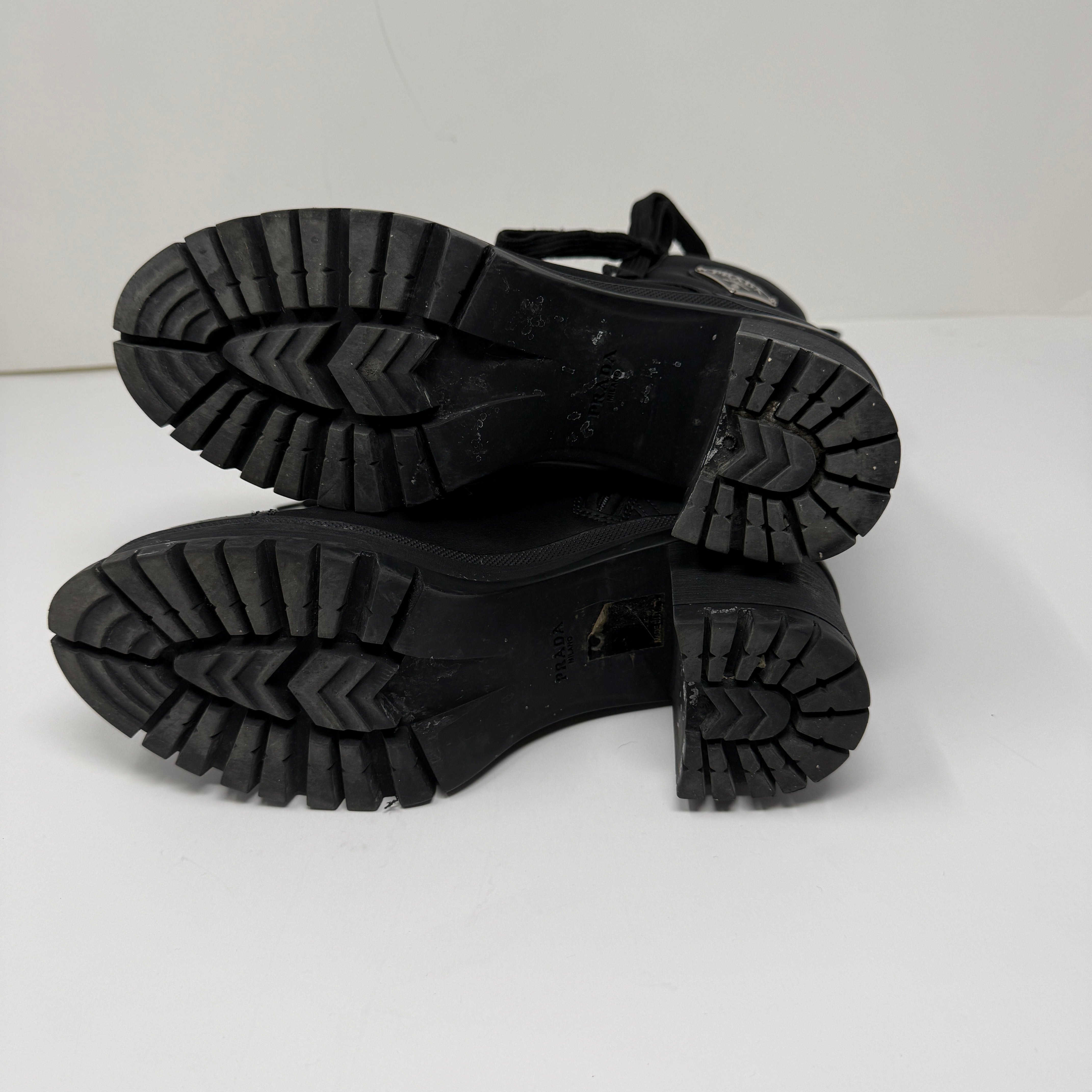 Prada Women's Re-Nylon And Leather Block Heel Ankle Combat Booties Boots Shoes