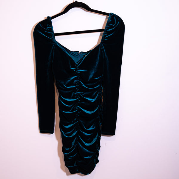 Lovers And Friends Andie Velvet Velour Ruched Bodycon Mini Dress Deep Teal XXS