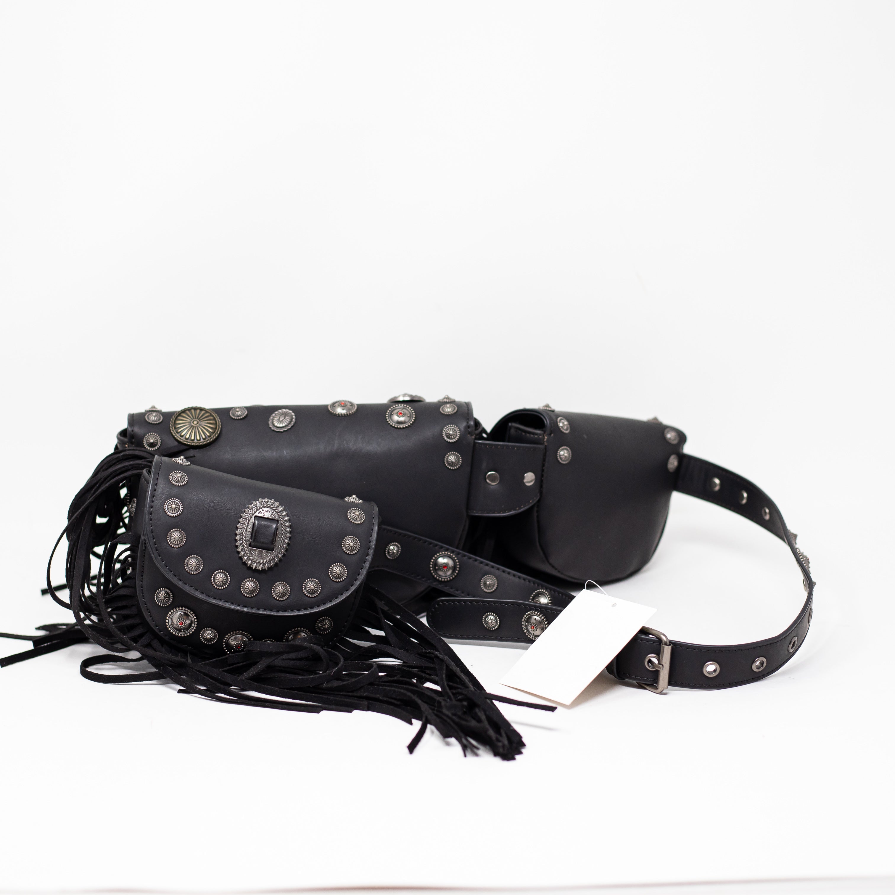 Azalea Wang Faux Vegan Leather Studded Embellished Multi Pocket Purse Bag Black