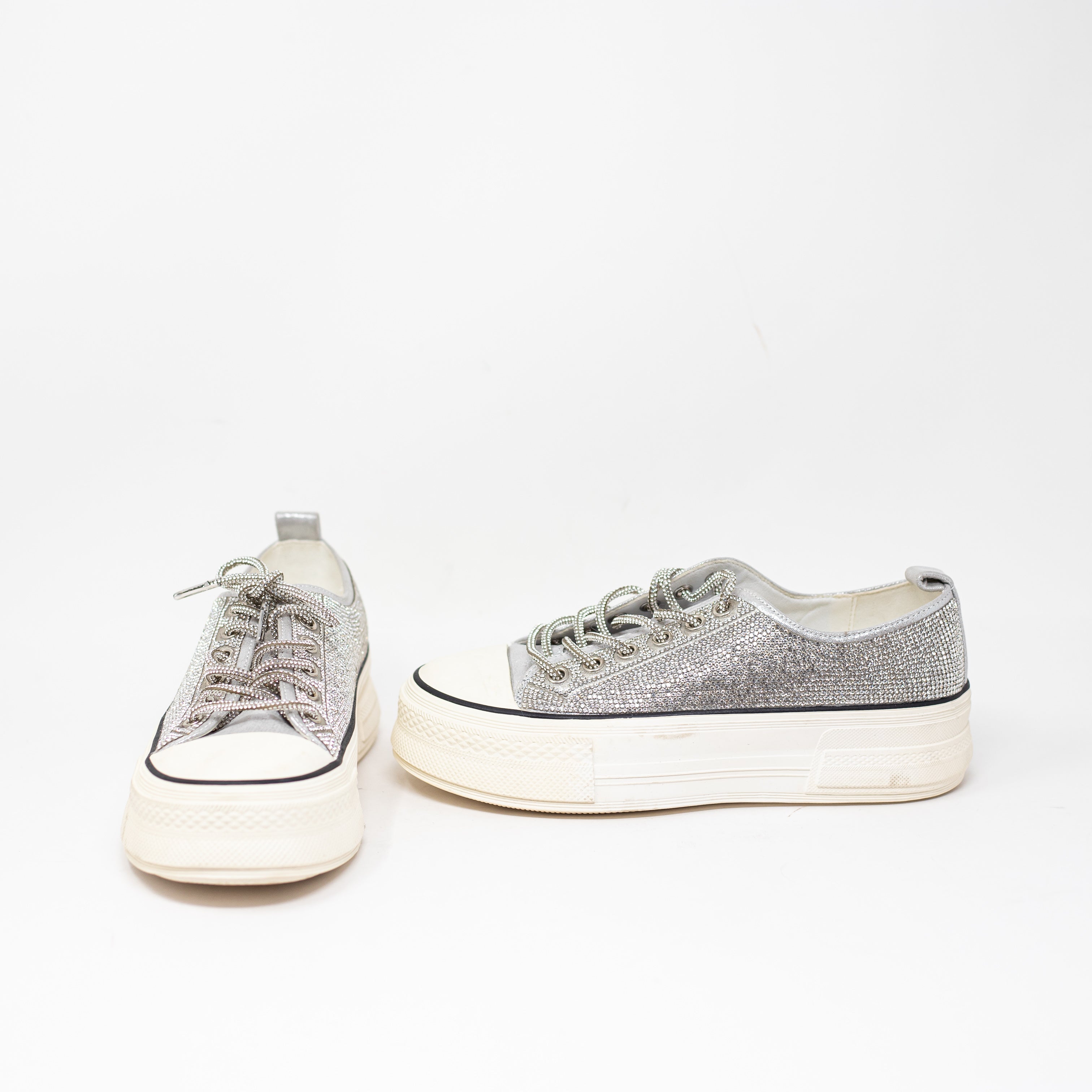 Azalea Wang Revival Rhinestone Crystal Jewel Platform Sneakers Shoes Silver 7