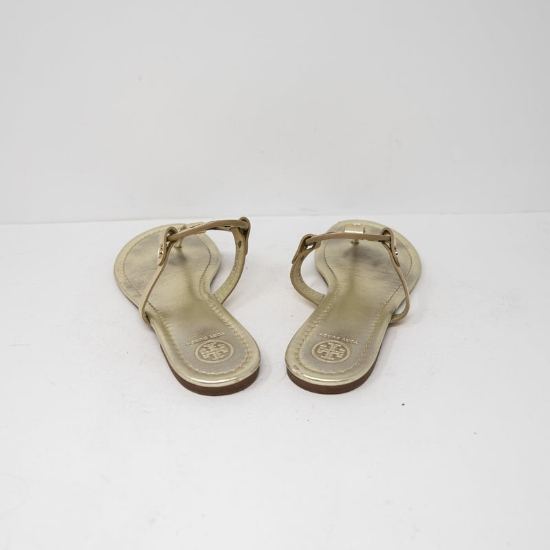 Tory Burch Miller Metallic Gold Logo Emblem Leather Slip On Sandals Shoes 8.5