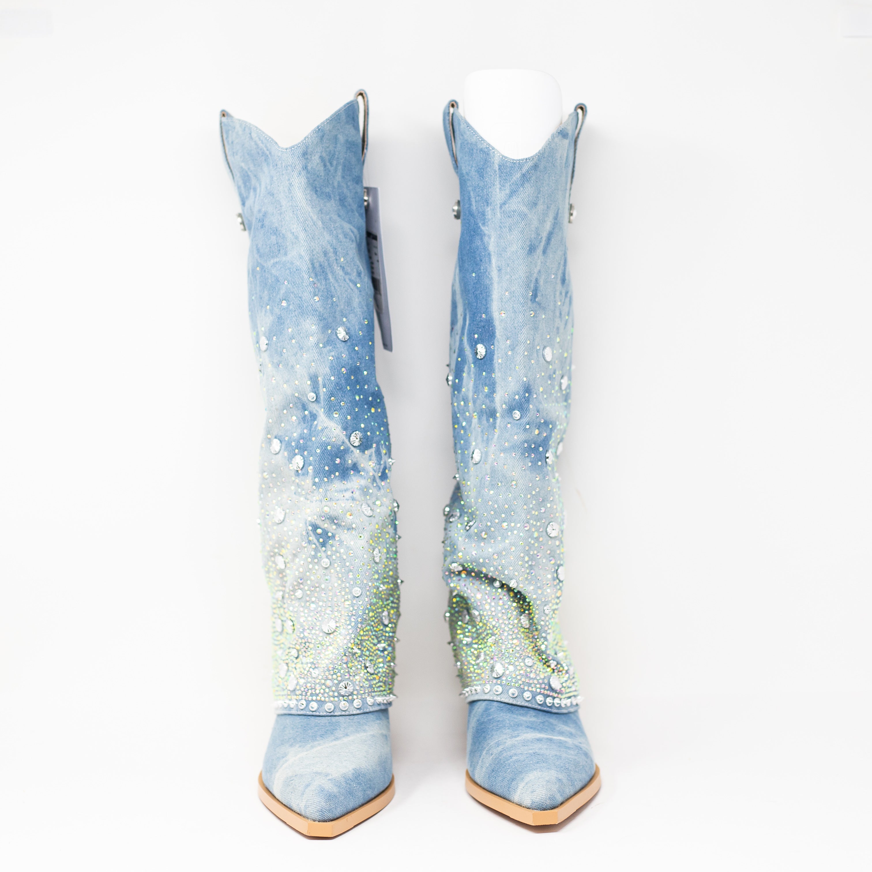 NEW Azalea Wang Mellow Western Crystal Rhinestone Jewel Heel Boots Shoes Blue 8