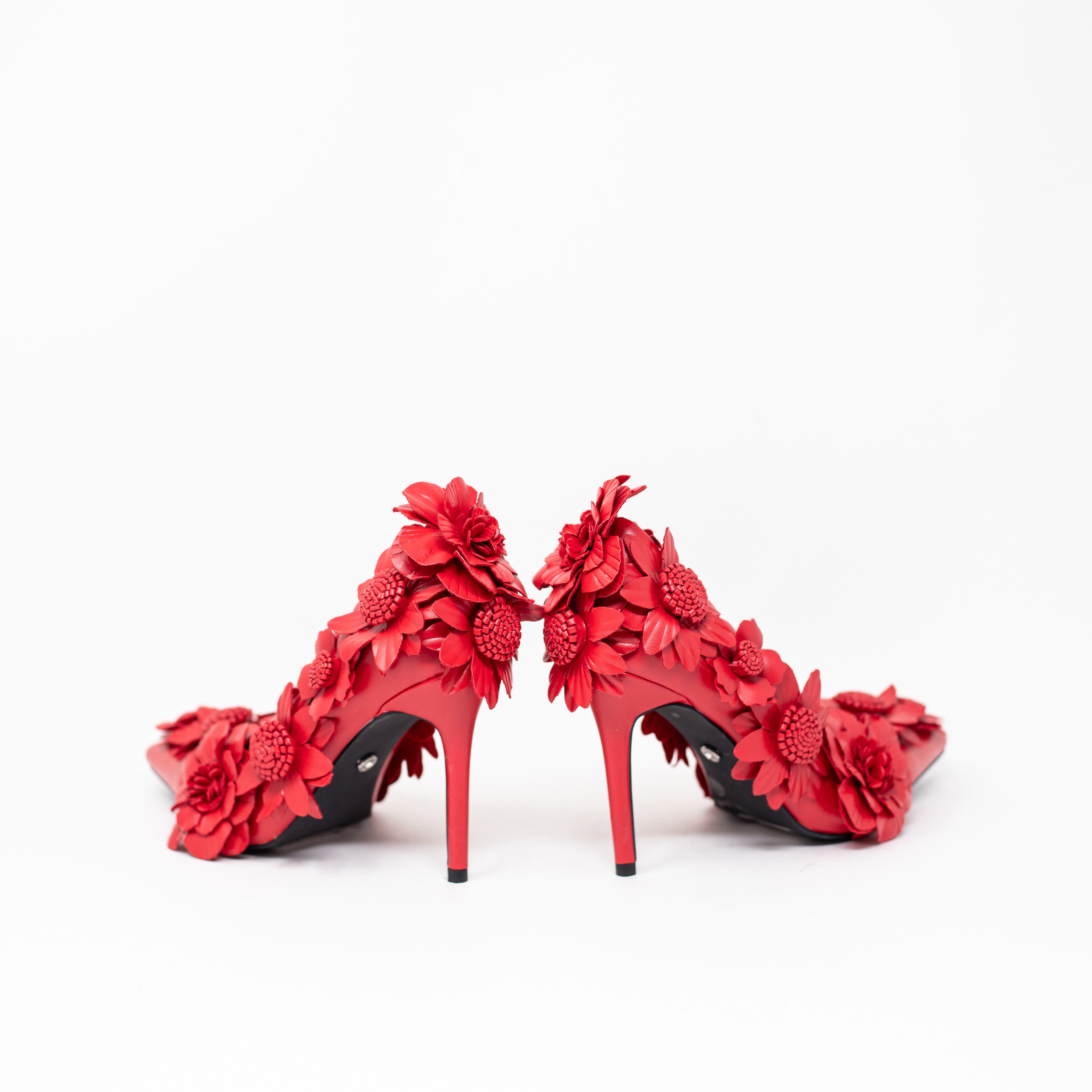 NEW Azalea Wang Zarah Faux Vegan Leather 3D Floral Flower Embellished High Heels
