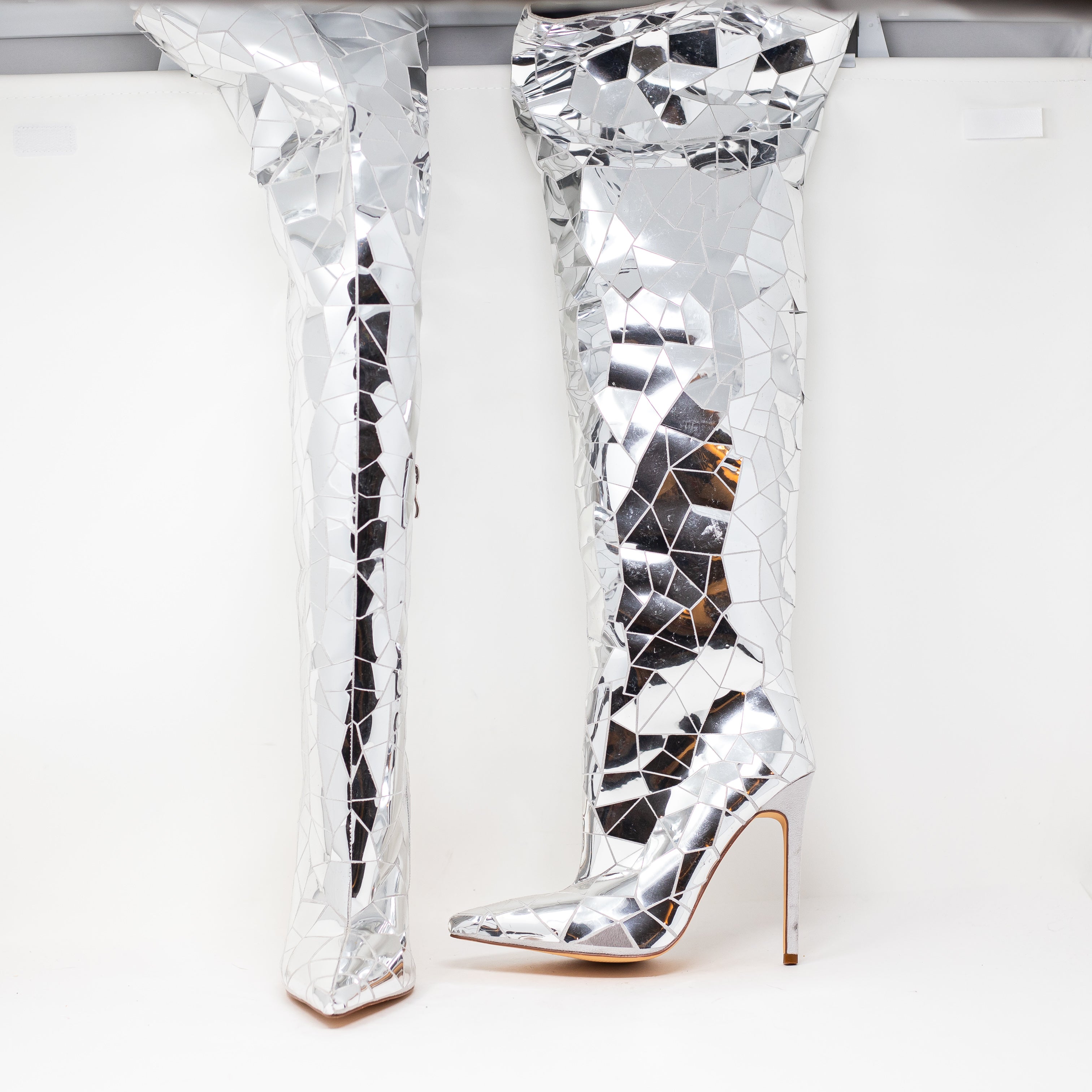 NEW Azalea Wang Shattered Disco Over The Knee High Heels Boots Shoes Silver 6