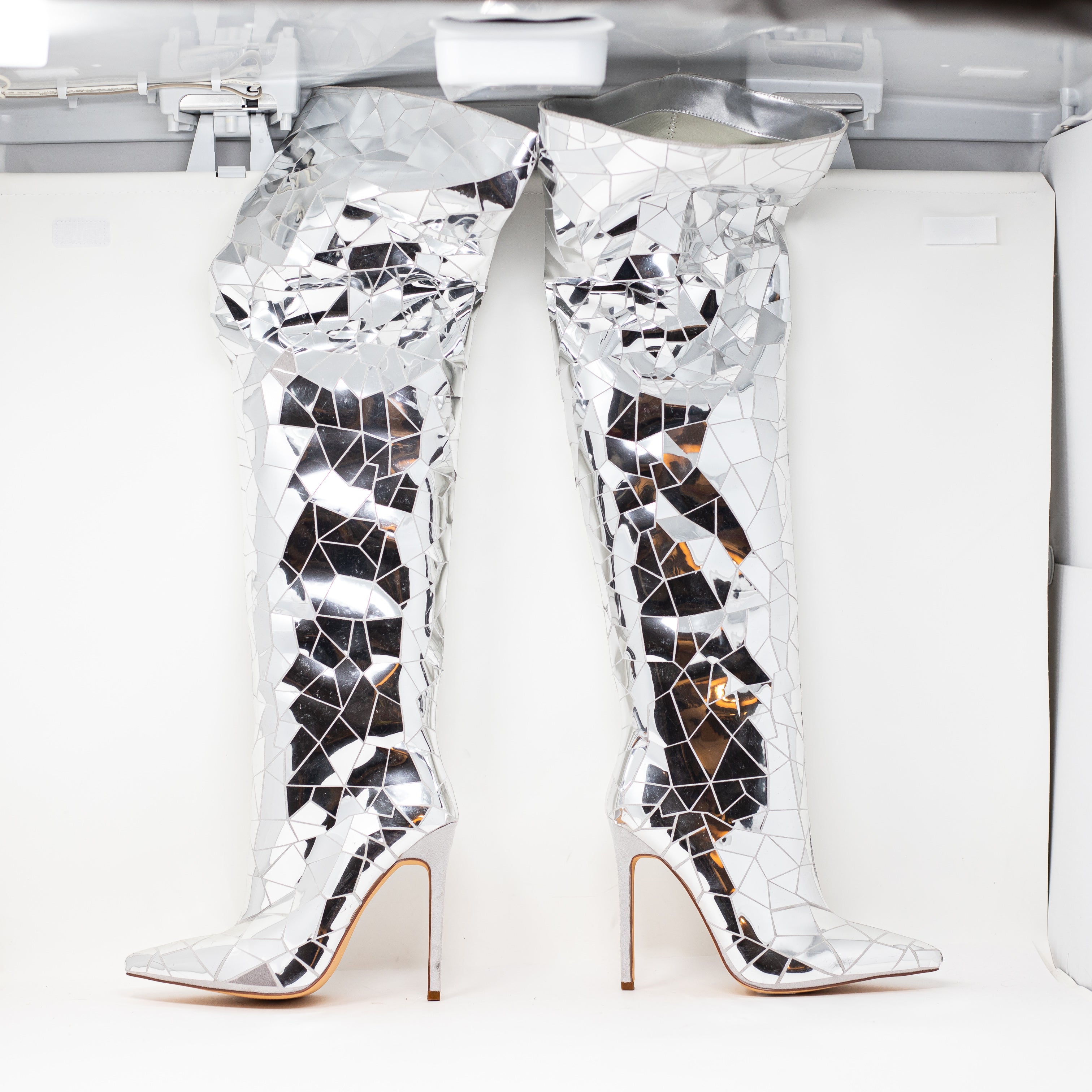NEW Azalea Wang Shattered Disco Over The Knee High Heels Boots Shoes Silver 6