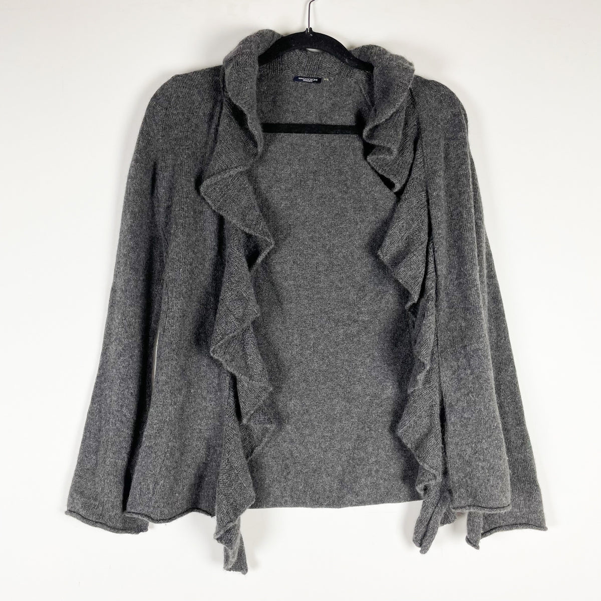 Magaschoni Cashmere Stretch Knit Ruffle Waterfall Open Front Cardigan Sweater