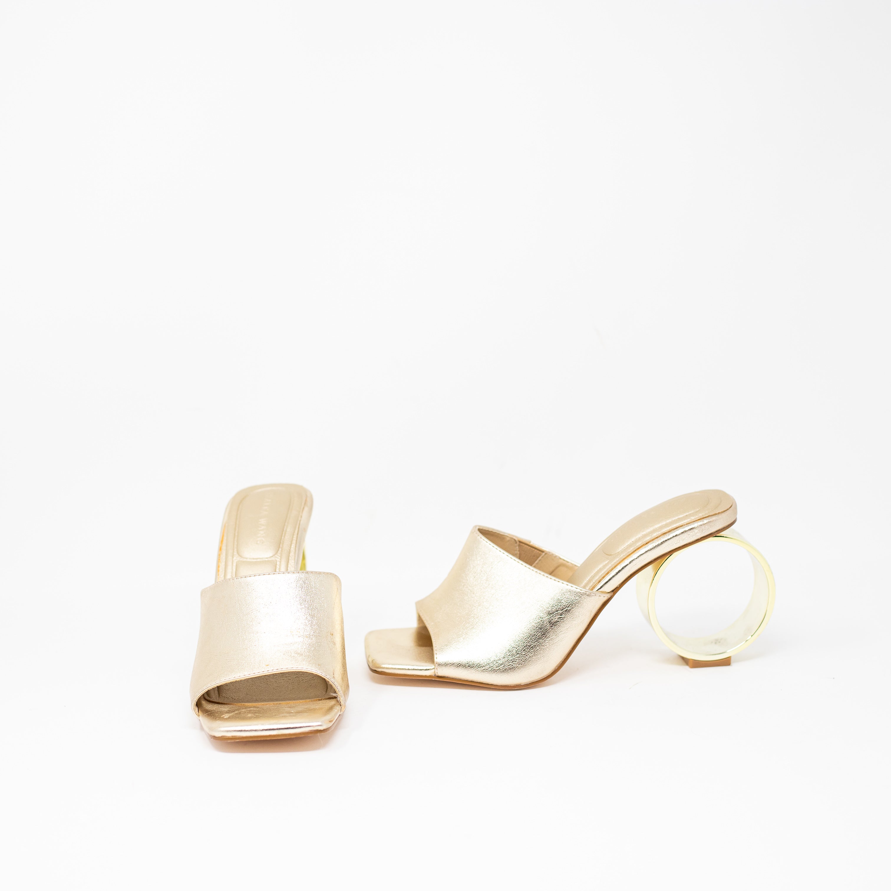 Azalea Wang Corabel Circular Round Geometric Faux Leather Heel Sandal Gold 7.5