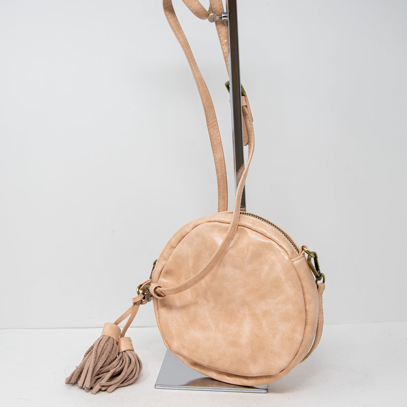 Anthropologie Willa Faux Vegan Leather Circle Tassel Crossbody Purse Bag Pink