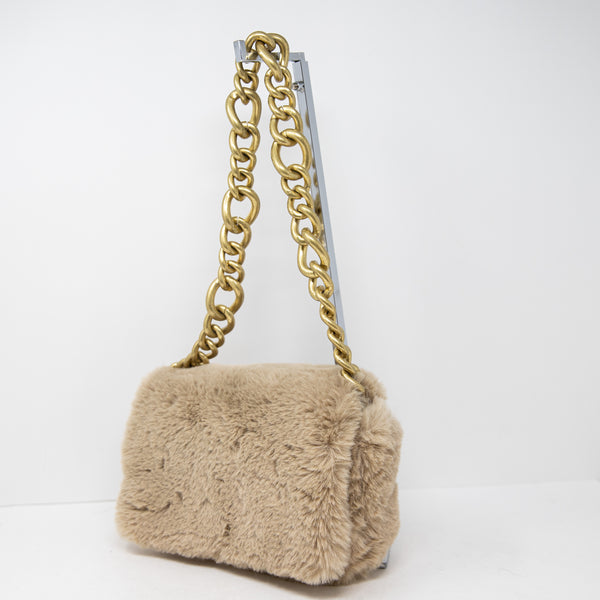 Zara Faux Vegan Fuzzy Teddy Fur Gold Chain Link Strap Shoulder Purse Bag Beige