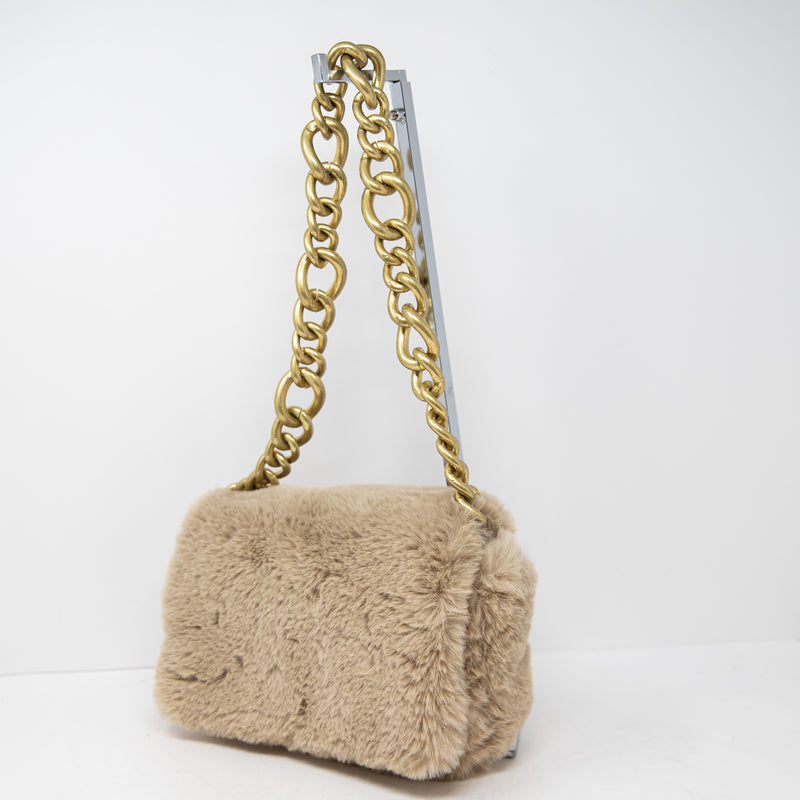 Zara Faux Vegan Fuzzy Teddy Fur Gold Chain Link Strap Shoulder Purse Bag Beige