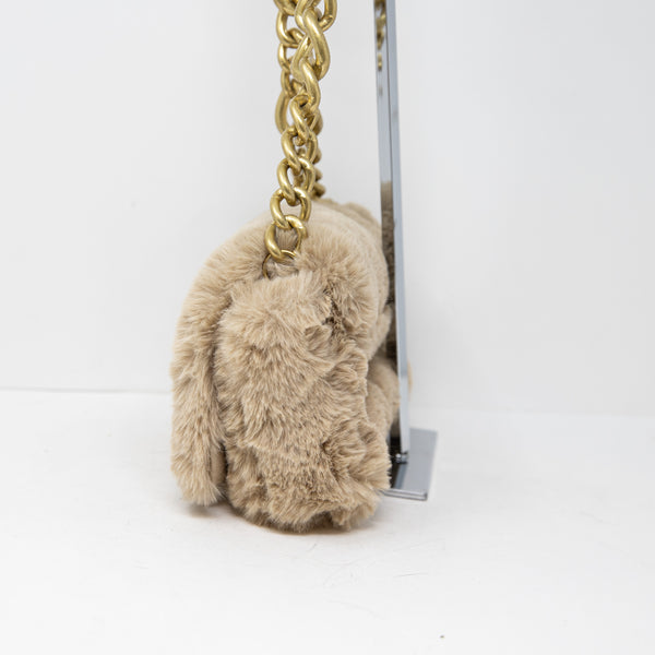 Zara Faux Vegan Fuzzy Teddy Fur Gold Chain Link Strap Shoulder Purse Bag Beige