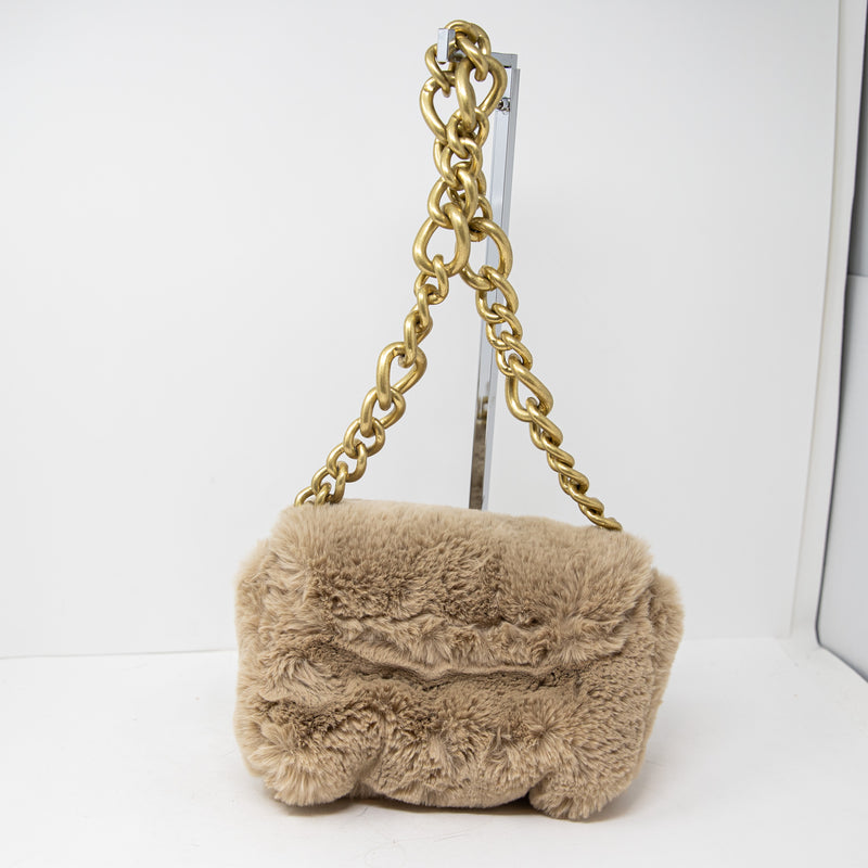 Zara Faux Vegan Fuzzy Teddy Fur Gold Chain Link Strap Shoulder Purse Bag Beige