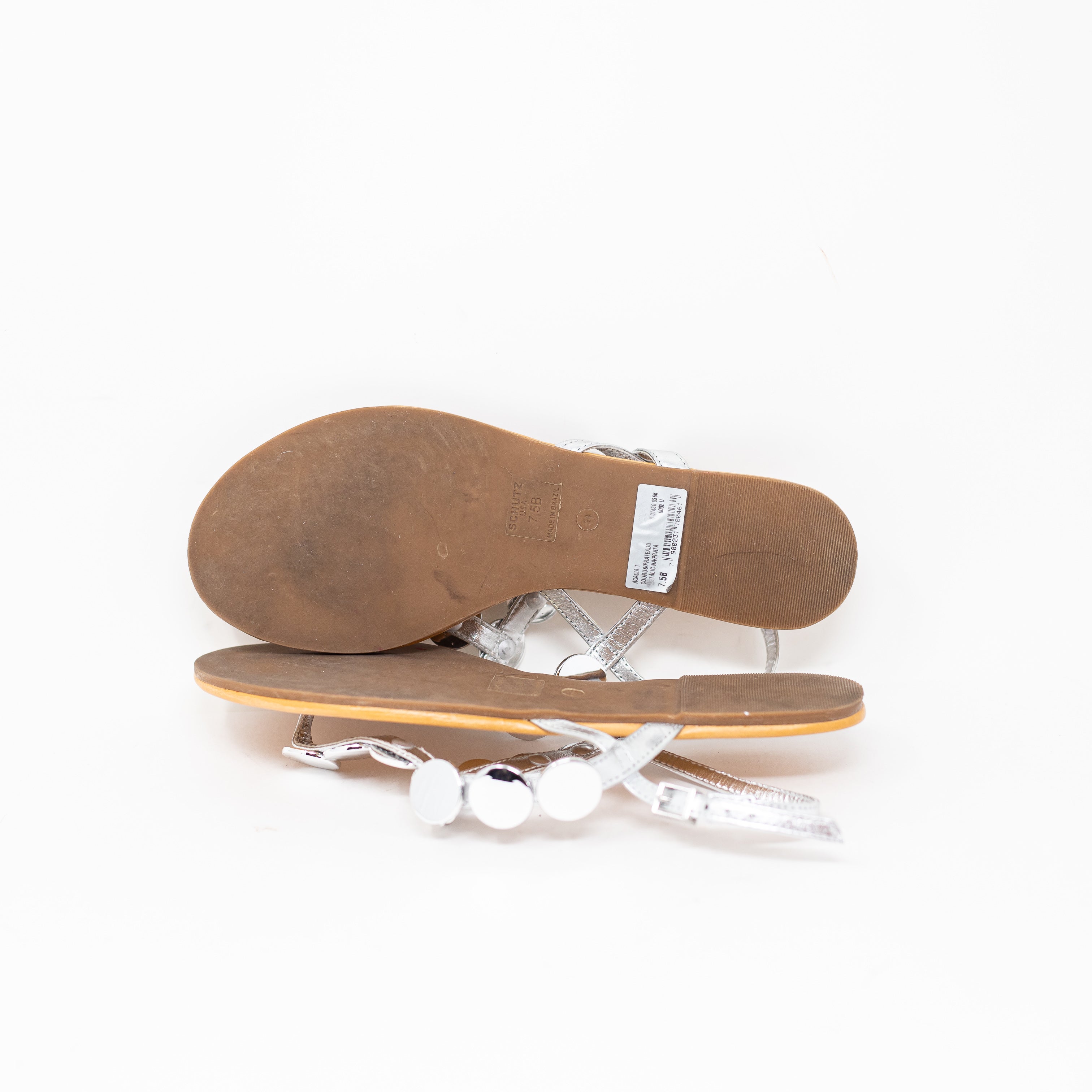 Schutz Acacia Silver Round Medallion Genuine Leather Flat Sandals Shoes 7.5