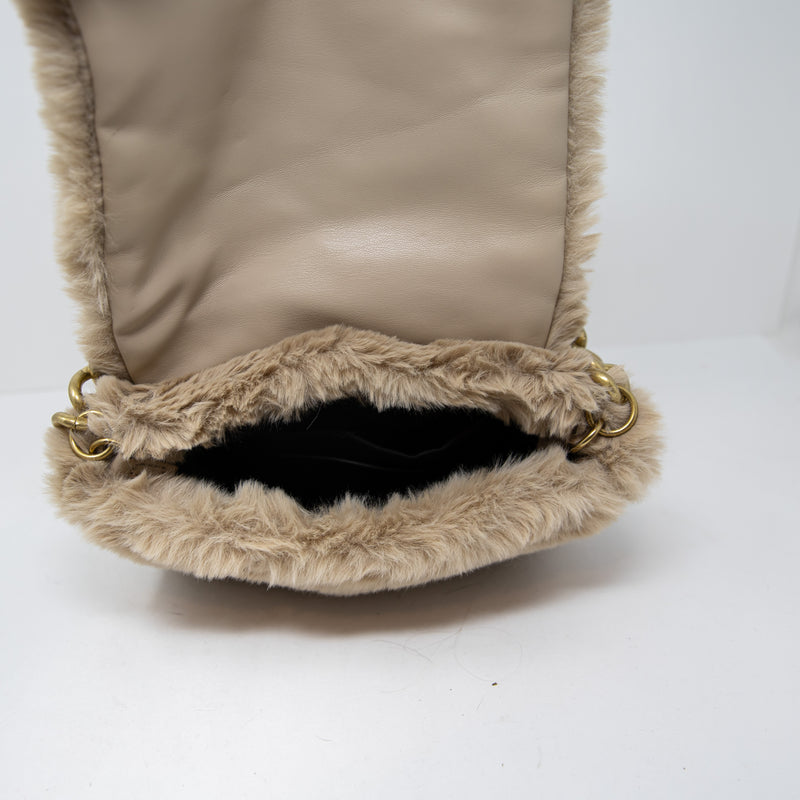 Zara Faux Vegan Fuzzy Teddy Fur Gold Chain Link Strap Shoulder Purse Bag Beige