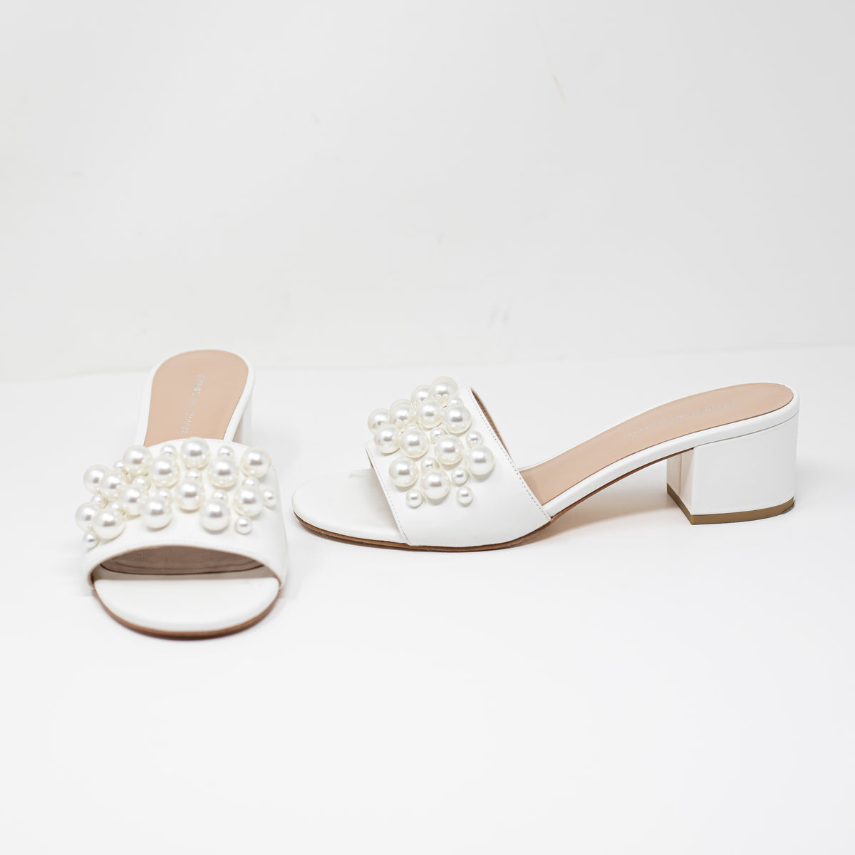 Stuart Weitzman Goldie 50 Block Heel Leather Slide Faux Pearl Embellished Sandal