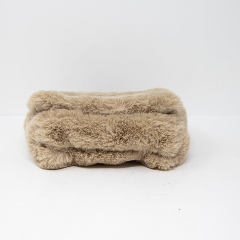 Zara Faux Vegan Fuzzy Teddy Fur Gold Chain Link Strap Shoulder Purse Bag Beige