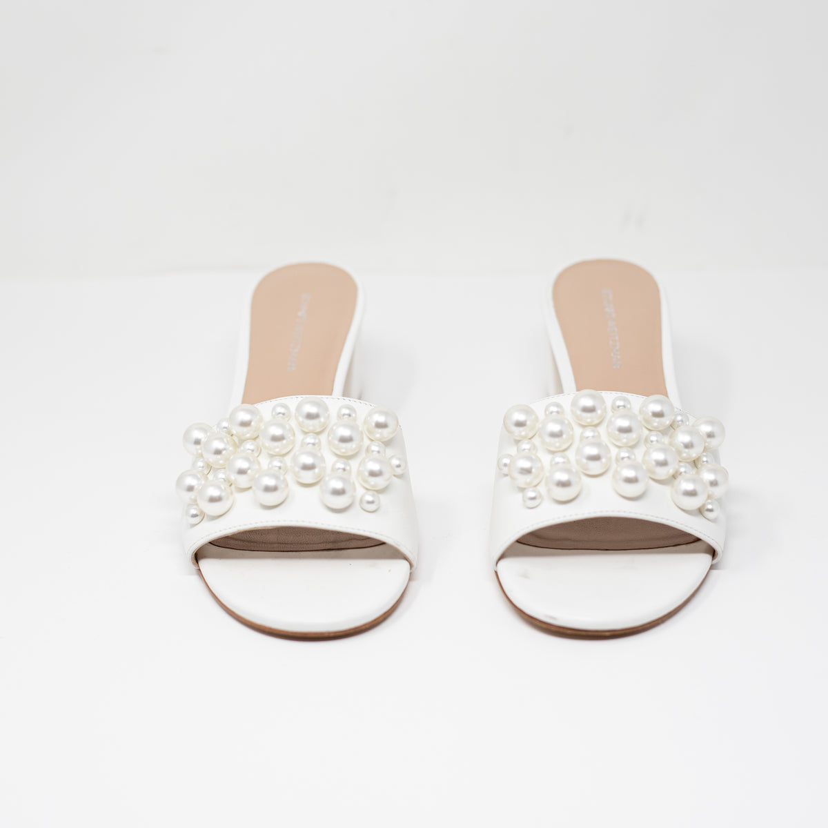 Stuart Weitzman Goldie 50 Block Heel Leather Slide Faux Pearl Embellished Sandal