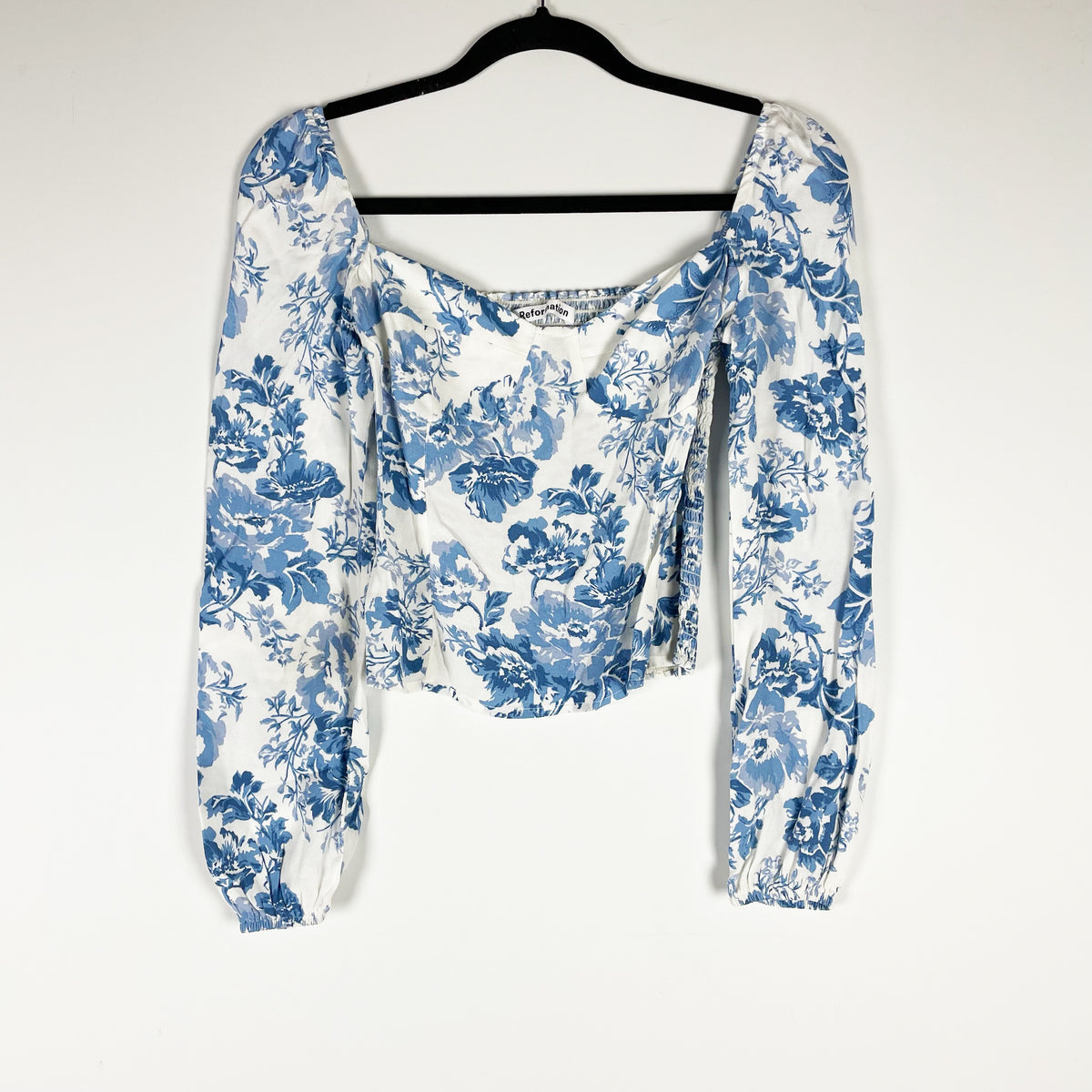 Reformation Reign Chiffon Long Sleeve Smocked Blouse Olympian Blue Floral 0