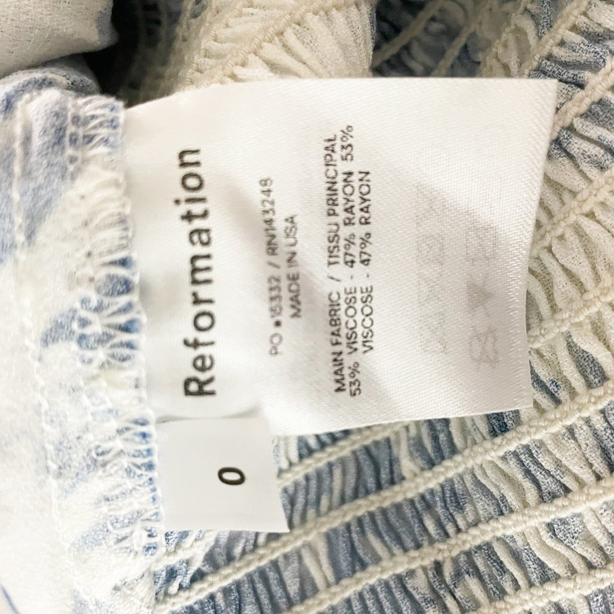 Reformation Reign Chiffon Long Sleeve Smocked Blouse Olympian Blue Floral 0