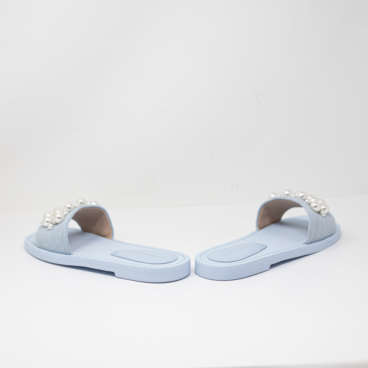 NEW Stuart Weitzman Goldie Faux Pearl Embellished Sandals Slides Blue Tonal 7.5