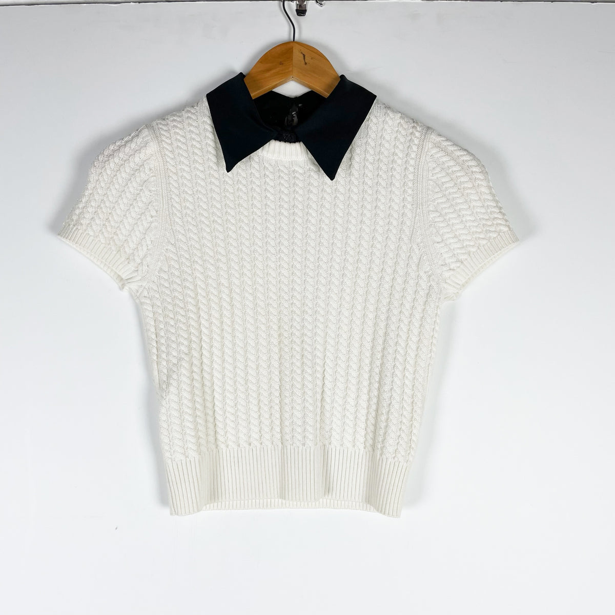 NEW Alice And Olivia Abbott Wool Blend Knit Short Sleeve Collared Sweater White