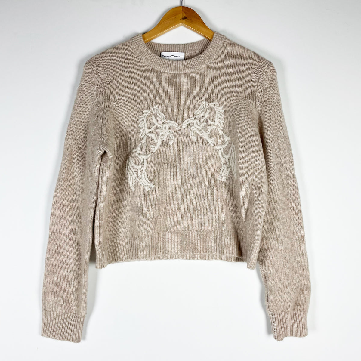 White And Warren Wool Cashmere Crew Neck Horse Equestrian Sweater Sand Ivory XS