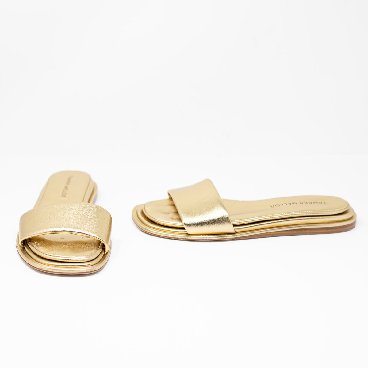 Tamara Mellon Admirer Metallic Gold Nappa Leather Flat Open Toe Sandals Shoes