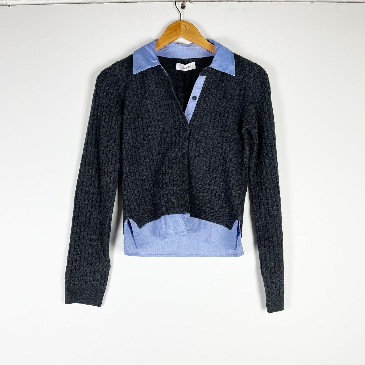 NEW Naadam Mixed Media Wool Cashmere Cardigan Cable Cardigan Sweater Smoke S