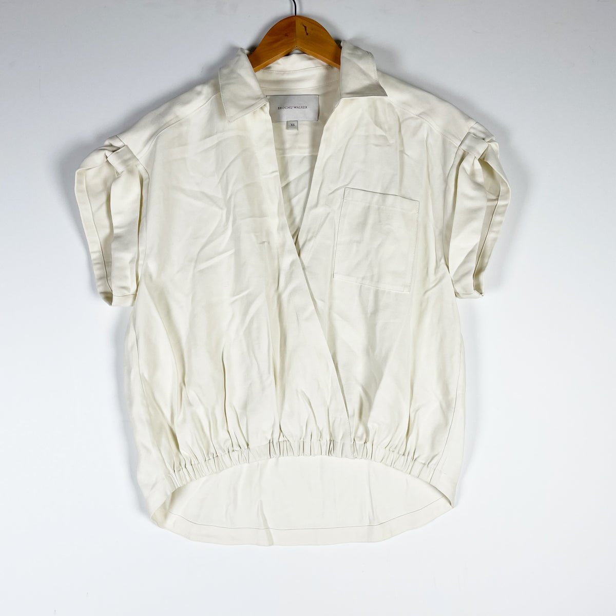 Brochu Walker Ultra Soft Stretch Waist V Neck Collared Faux Wrap Blouse Ivory XS