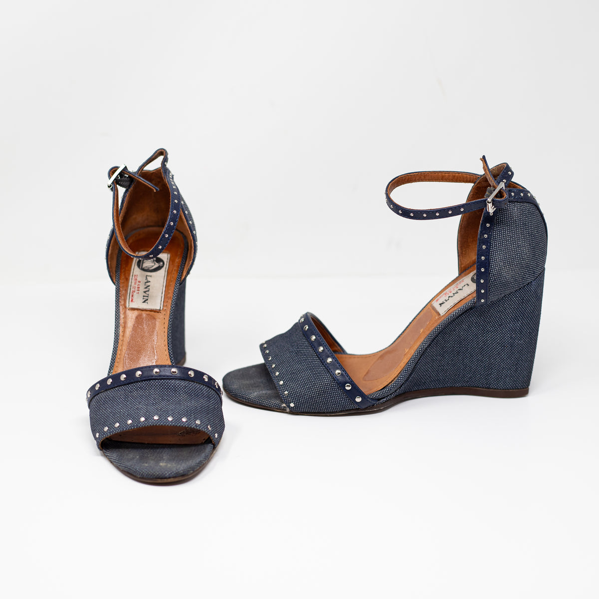 Lanvin Women's Cotton Denim Jean Leather Trim Studded Embellished Wedge Heels