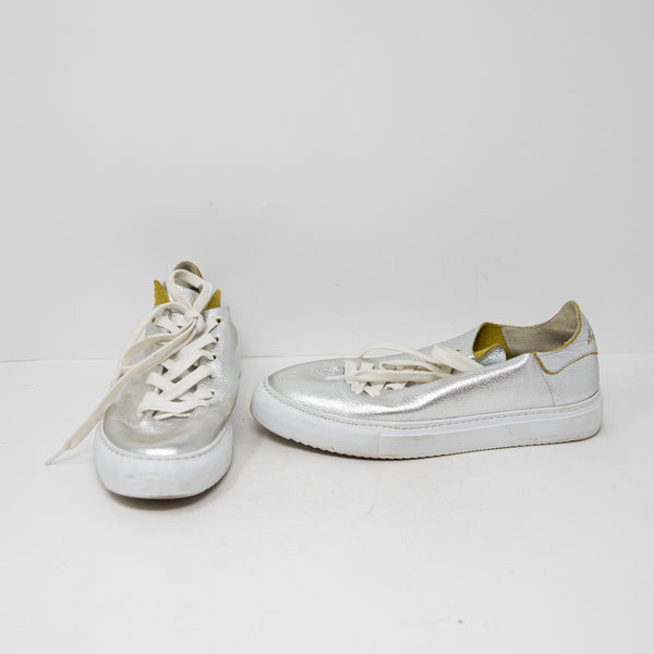 Sam Edelman Poppy Silver Metallic Leather Low Top Lace Up Casual Sneakers Shoes