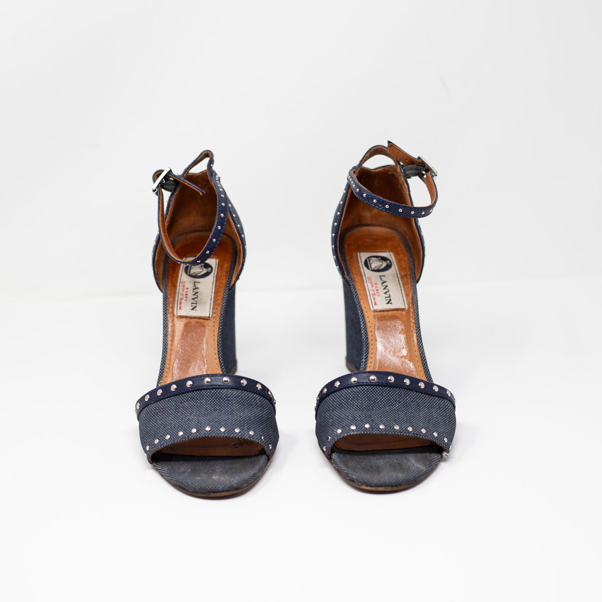 Lanvin Women's Cotton Denim Jean Leather Trim Studded Embellished Wedge Heels