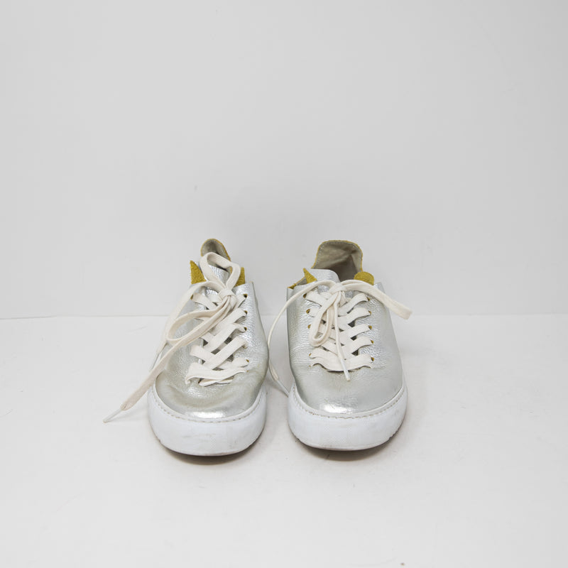 Sam Edelman Poppy Silver Metallic Leather Low Top Lace Up Casual Sneakers Shoes