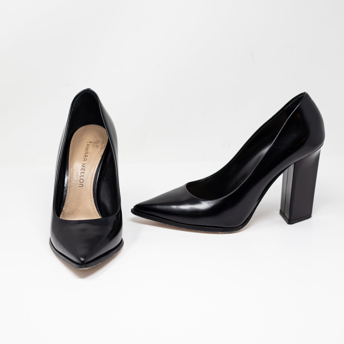 Tamara Mellon Mister 105 Almond Toe Block High Heel Slip On Pumps Shoes Black