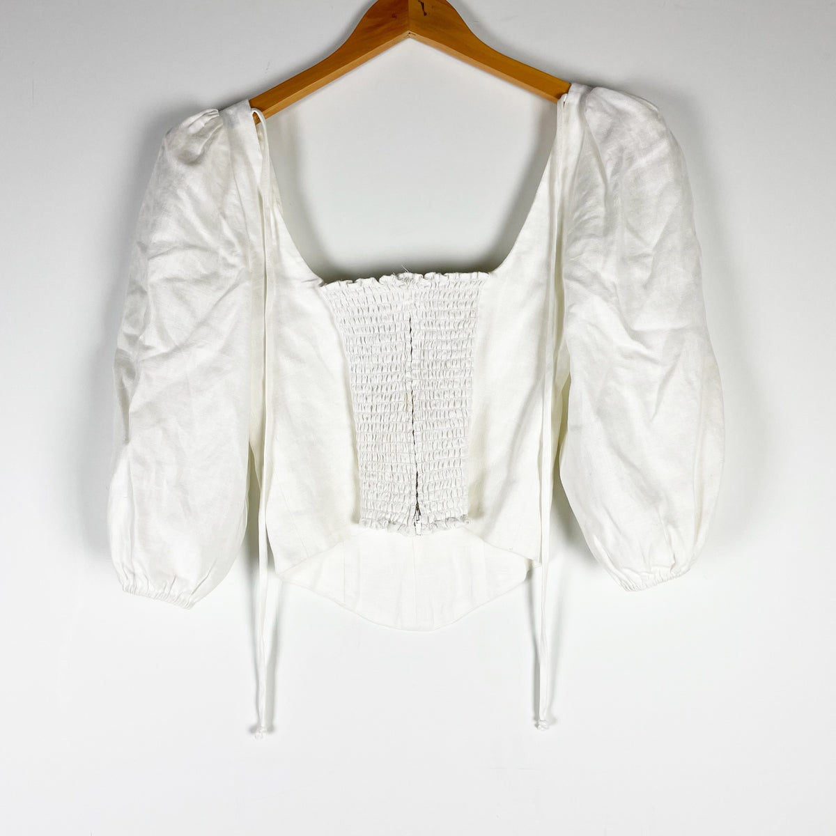 Reformation Linen Smocked Stretch Puff Sleeve Blouse Shirt White 0