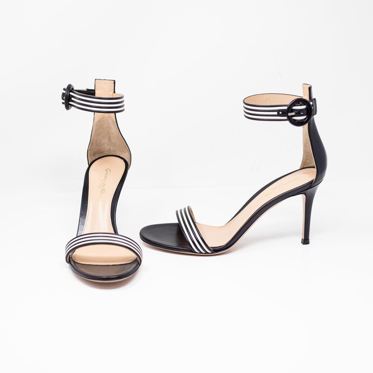 NEW Gianvito Rossi Portofino Genuine Leather Ankle Strap Sandals Heels Black 7.5