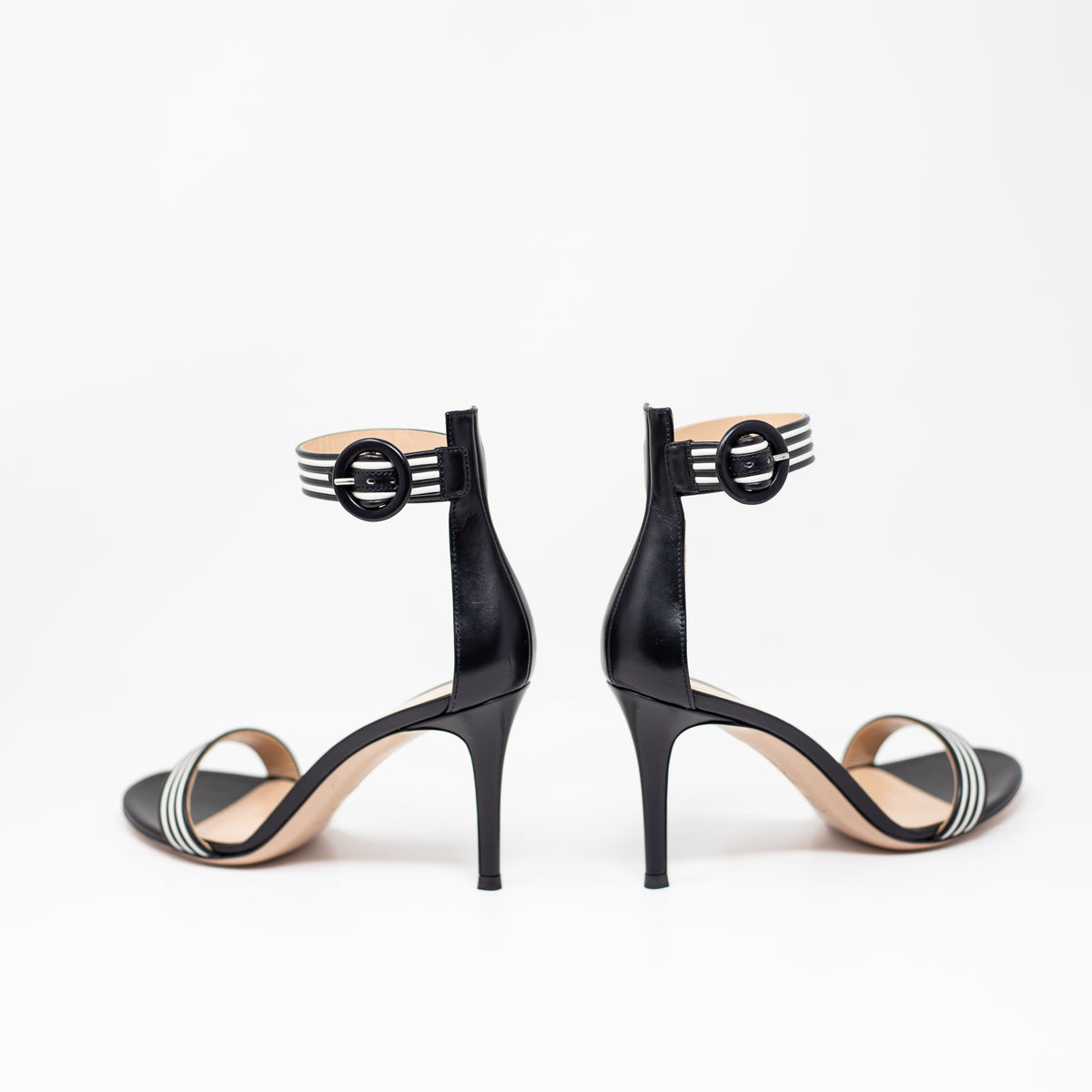 NEW Gianvito Rossi Portofino Genuine Leather Ankle Strap Sandals Heels Black 7.5