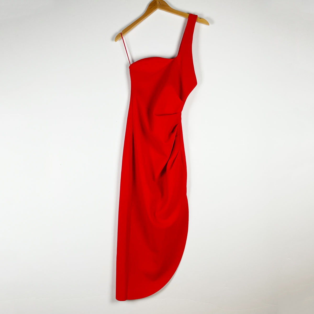 NEW Misha Delancey Crepe One Shoulder Ruched Cocktail Party Dress Flame Red XS
