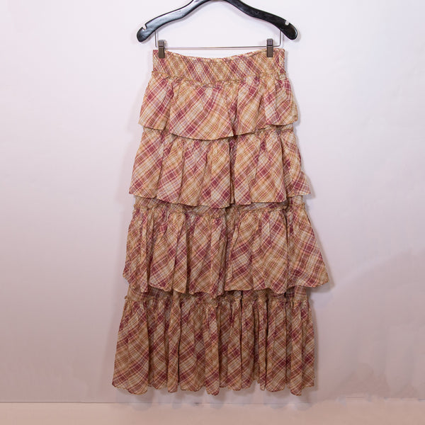 NEW Free People Sawyer Tiered Layered Ruffle Plaid Print Pattern Maxi Skirt S