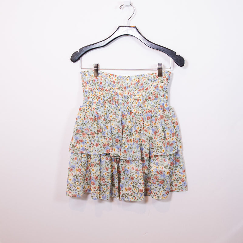 NEW Elan Mint Floral Micro Mini Print Pattern Tiered Chiffon Ruffle Mini Skirt M