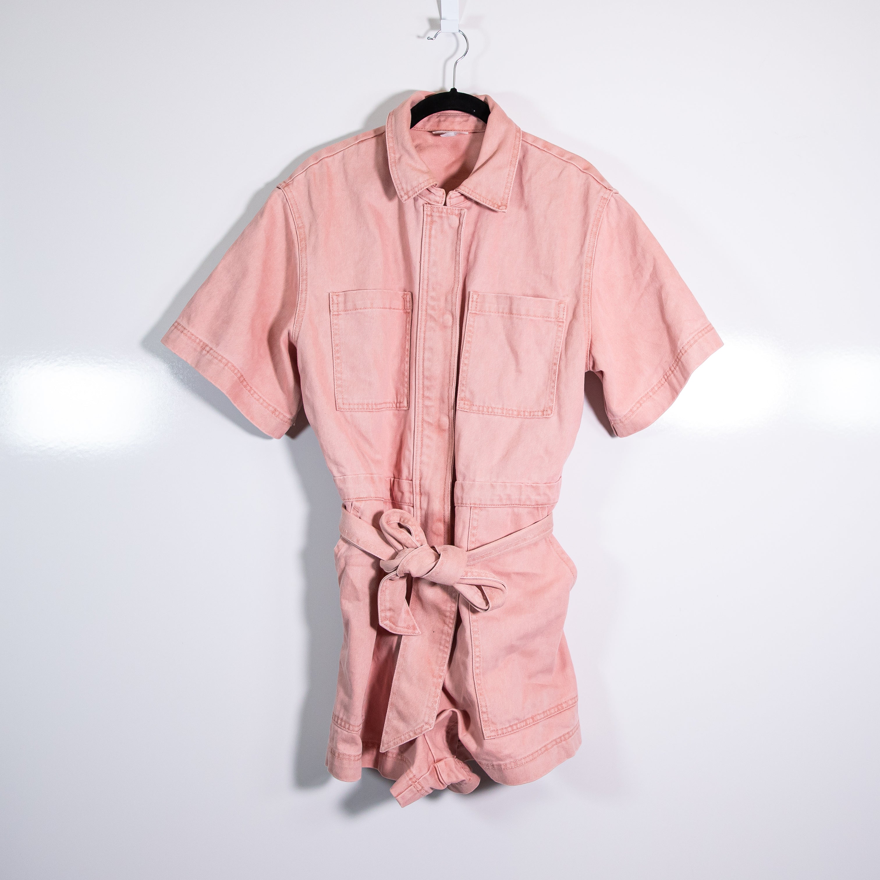 Future Collective Cotton Snap Button Zipper Collared Mini Romper Jumpsuit Pink M