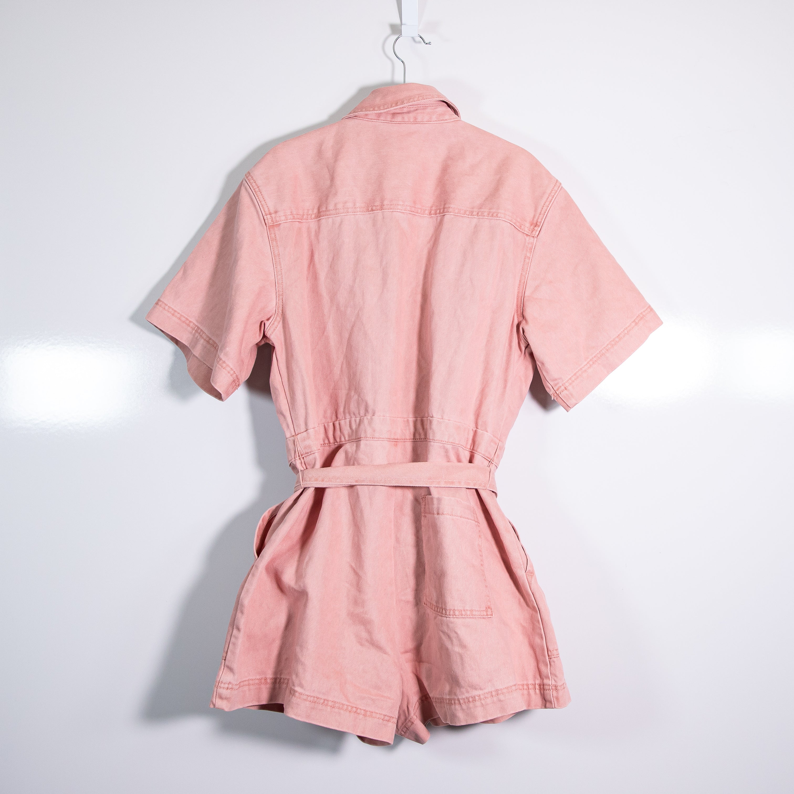 Future Collective Cotton Snap Button Zipper Collared Mini Romper Jumpsuit Pink M