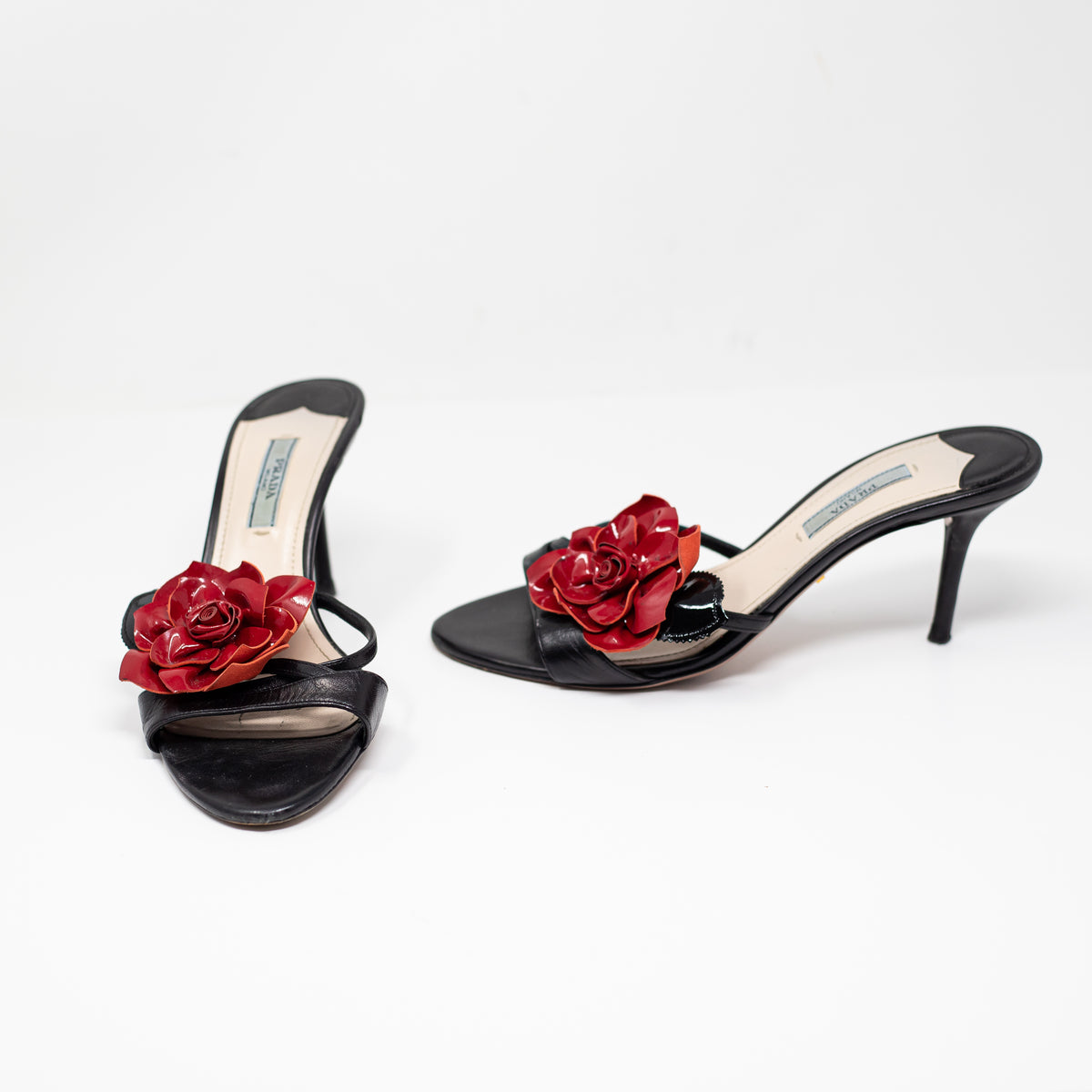 Prada Milano Vintage Genuine Leather Rose Flower Open Toe Sandals High Heel Shoe